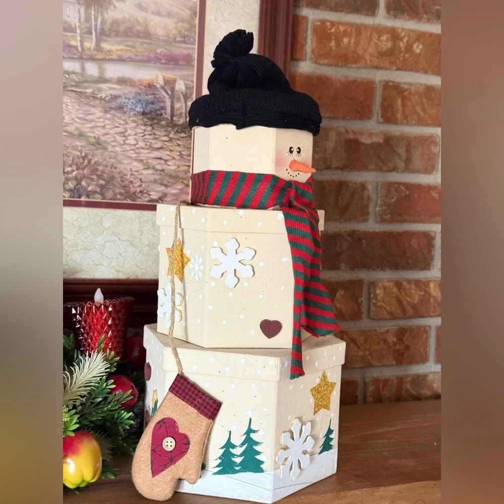 Handcrafted Cream Snowman Stack Holiday Decor with Red & Green Scarf